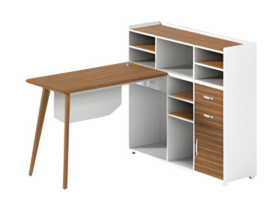 Balta koka galds ar uzglabāšanas vietu, atvērtām nodalījumiem un elegantiem kājām