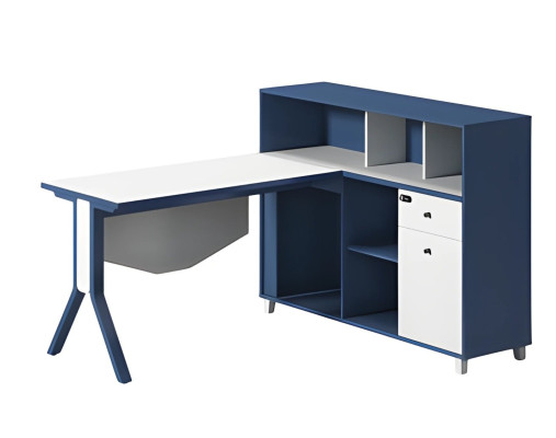 Zils un balts birojs ar uzglabāšanas vietu, atvērtām plauktiem un elegantiem kājām