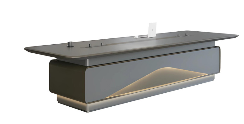 Luksusa pelēks konferenču galds ar LED apgaismojumu un kabeļu pārvaldību