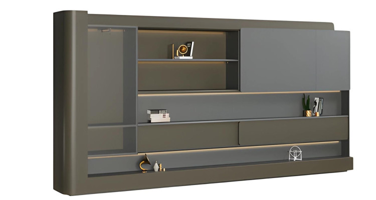 Mūsdienu melna biroja skapja ar pelēko LED apgaismojumu un uzglabāšanas vietu