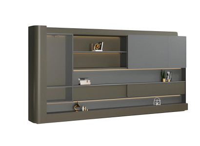 Mūsdienu melna biroja skapja ar pelēko LED apgaismojumu un uzglabāšanas vietu