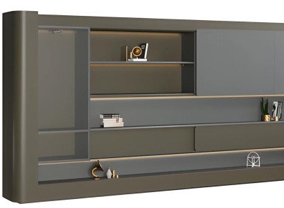 Mūsdienu melna biroja skapja ar pelēko LED apgaismojumu un uzglabāšanas vietu