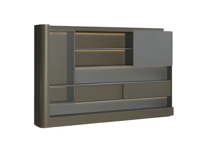 Mūsdienīga melna biroja skapja ar pelēko LED apgaismojumu un uzglabāšanas vietu