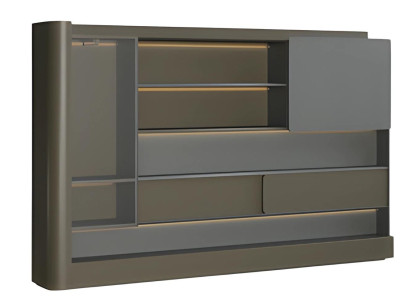 Mūsdienīga melna biroja skapja ar pelēko LED apgaismojumu un uzglabāšanas vietu