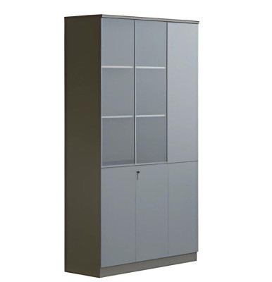 Mūsdienīga pelēka biroja skapja ar stikla durvīm, ar slēdzamu, liela uzglabāšanas telpa