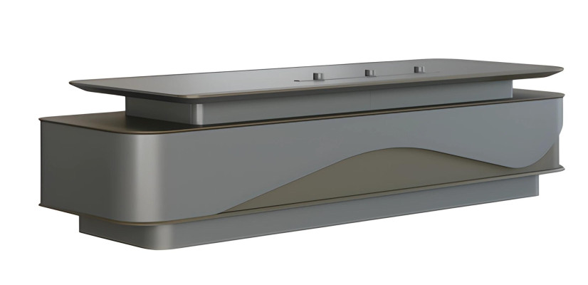 Mūsdienīgs pelēks un melns birojs ar greznu uzglabāšanu un kabeļu pārvaldību