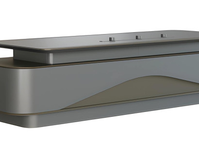 Mūsdienīgs pelēks un melns birojs ar greznu uzglabāšanu un kabeļu pārvaldību