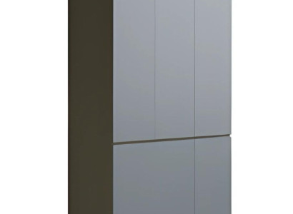 Mūsdienīga pelēka biroja skapja bez rokturiem, augsta, ar uzglabāšanas vietu, vienkāršā stilā