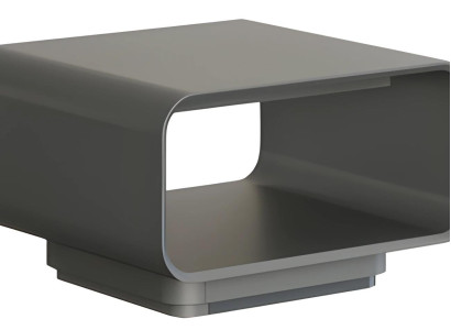 Mūsdienu pelēks un melns kafijas galdiņš ar atvērtu plauktu minimālisma stilā