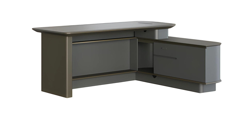 Moderns pelēks stūra galds ar uzglabāšanu un elegantiem kabeļu caurumiem