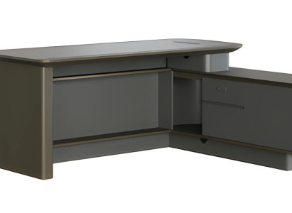 Moderns pelēks stūra galds ar uzglabāšanu un elegantiem kabeļu caurumiem