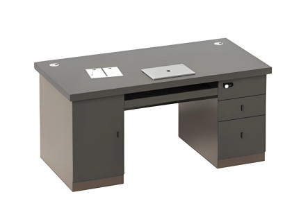 Mūsdienīgs melns un pelēks birojs ar uzglabāšanu un kabeļu pārvaldību