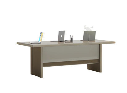 Elegants pelēks un bēšs kafijas galdiņš ar lielu darba virsmu