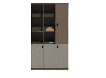 Mūsdienīga brūna pelēka biroja skapja ar plauktiem un durvīm