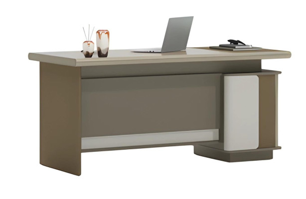 Brūns un pelēks rakstāmgalds ar atvilktnēm un uzglabāšanas vietu