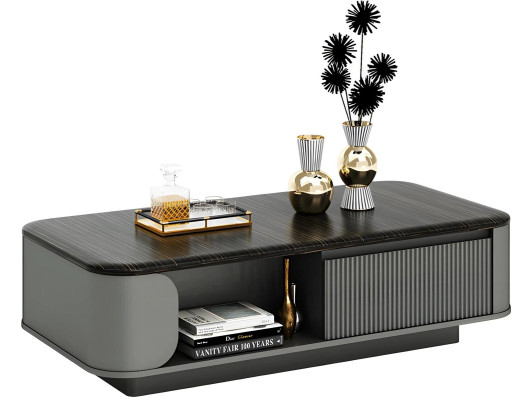 Mūsdienu viesistabas galds ar elegantu dizainu un melnu virsmu, kā arī atvērtām plauktiem