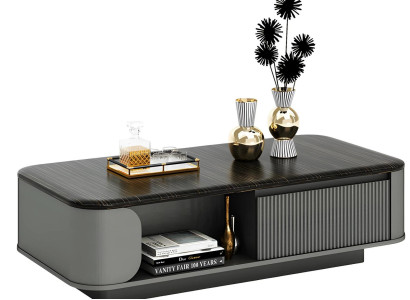 Mūsdienu viesistabas galds ar elegantu dizainu un melnu virsmu, kā arī atvērtām plauktiem