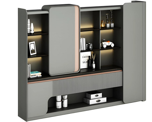 Mūsdienīga avokado skapja ar atvērtām plauktiem un vienkāršu, elegantu apgaismojumu pelēkā krāsā