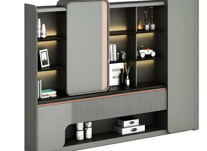 Mūsdienīga avokado skapja ar atvērtām plauktiem un vienkāršu, elegantu apgaismojumu pelēkā krāsā