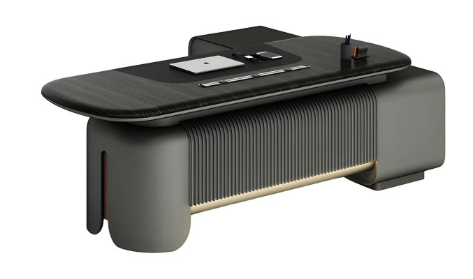 Mūsdienīgs birojs ar elegantu dizainu un melnu virsmu, apgaismojums