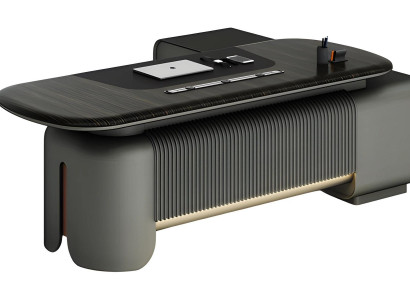 Mūsdienīgs birojs ar elegantu dizainu un melnu virsmu, apgaismojums