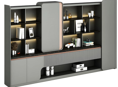 Mūsdienīga bērza biroja skapja ar atvērtām plauktiem, LED apgaismojumu, elegantu vienkāršību, pelēks dizains