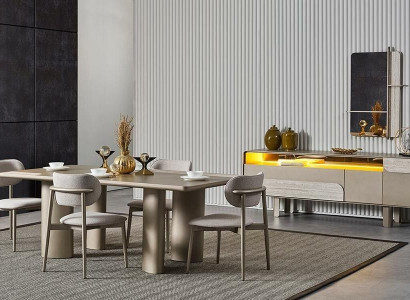 Elegants bežs koka ēdamgalds komplekts ar krēsliem un konsoli Elegants bežs koka ēdamgalds komplekts ar krēsliem un konsoli