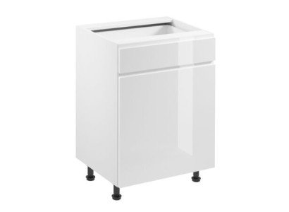 Mobilā virtuve ar atvilktni un spīdīgām plauktiem