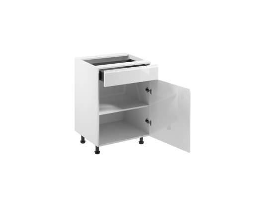 Mobilā virtuve ar atvilktni un spīdīgām plauktiem