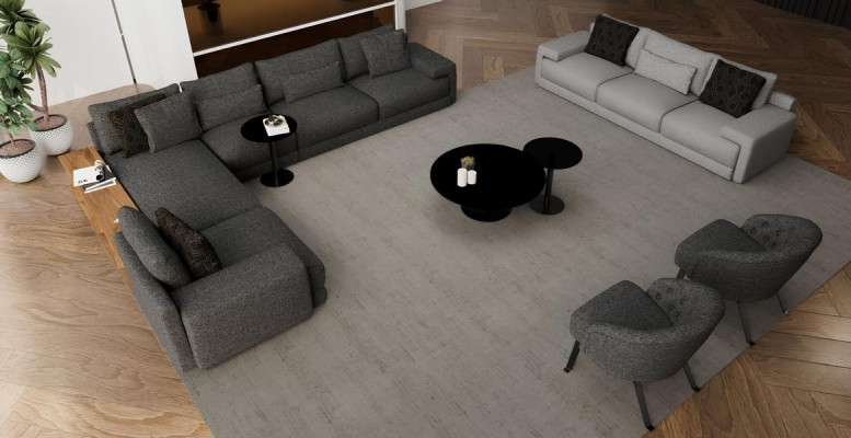 Elegants stūra dīvāns ar divām krēslām, kas apvieno dizainu un komfortu