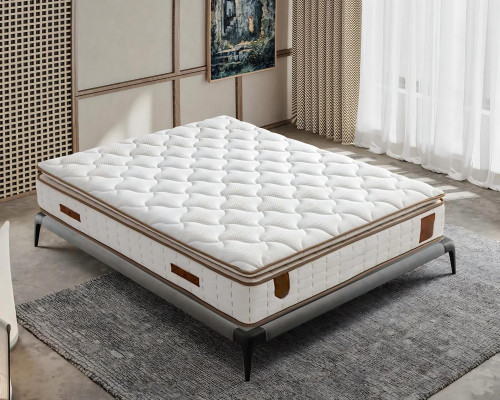 Pelēks gultas rāmja ar auduma un koka matraci, mūsdienīgs dizains