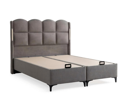 Pelēks gultas rāmja ar auduma un koka matraci, mūsdienīgs dizains