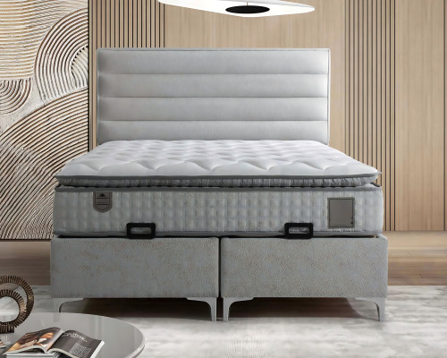 Moderns pelēks auduma gultas ar elegantu matraci