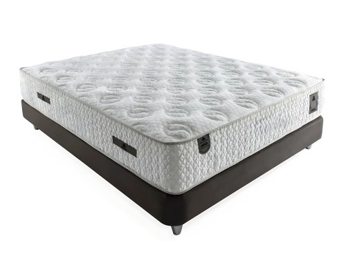 Moderns pelēks gultas ar auduma un koka matraci