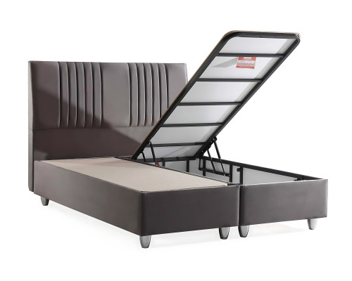 Pelēks auduma gultas ar modernu matraci