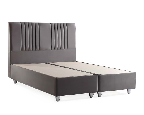 Pelēks auduma gultas ar modernu matraci