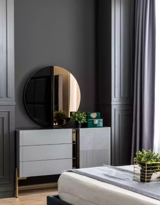 Elegantie guļamistabas mēbeles. Moderni dizaini siltos tumšos toņos.