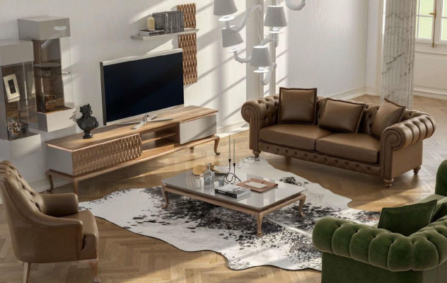Brūns Chesterfield luksusa mīkstais sēdekļu komplekts Moderns trīs vietu krēsls Tekstils