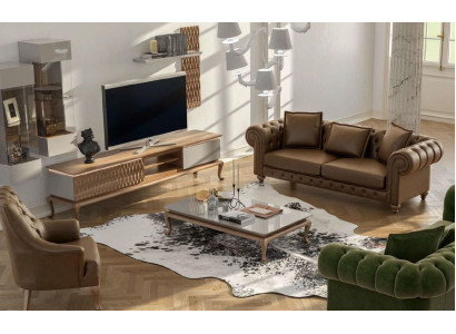 Brūns Chesterfield luksusa mīkstais sēdekļu komplekts Moderns trīs vietu krēsls Tekstils