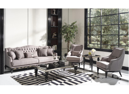 Sofas komplekts, 3 dīvāni galdi, pelēks auduma 5 daļu komplekts, trīs vietas.