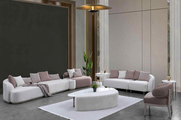 Sofas kompilācija Lielā gulta ar auduma klāju, rožu krāsā, trim vietas, 4 gabalus.