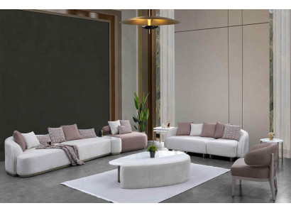 Sofas kompilācija Lielā gulta ar auduma klāju, rožu krāsā, trim vietas, 4 gabalus.