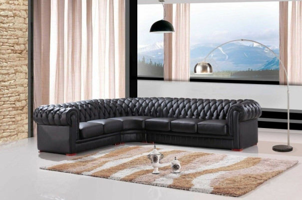 Chesterfield stūra dīvāns Stūrdīvāns dizaina dīvāns Melns dīvāns 100% ādas