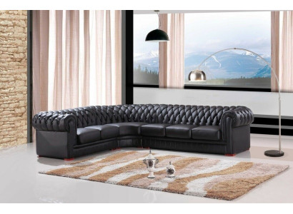 Chesterfield stūra dīvāns Stūrdīvāns dizaina dīvāns Melns dīvāns 100% ādas