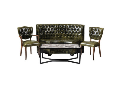 Chesterfield 2 krēsli 2 sēdvietu dīvāns komplektā 4 daļās. Dīvāns, gulta, sols, zaļš.