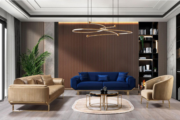 Dzīvojamā istaba Dīvāns 3-vietīgs ar attiecīgiem luksusa apģērbiem, tekstūru dizains, gaiši beige krāsas.