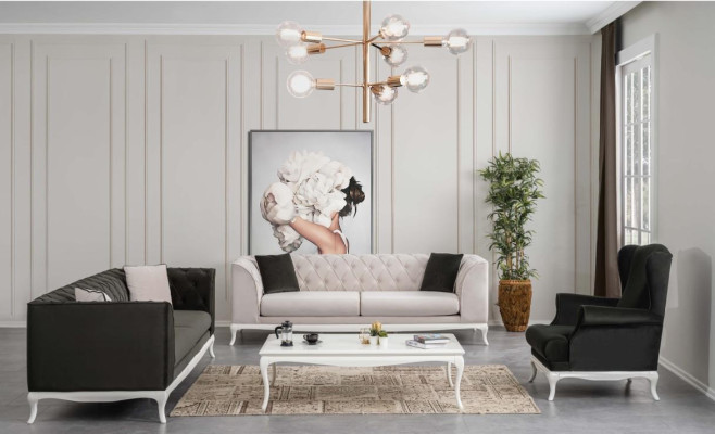 Chesterfield Komplektā auduma dīvāns Sofa gultas Polstermēbeles 4 gab. Melns