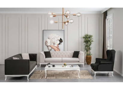 Chesterfield Komplektā auduma dīvāns Sofa gultas Polstermēbeles 4 gab. Melns