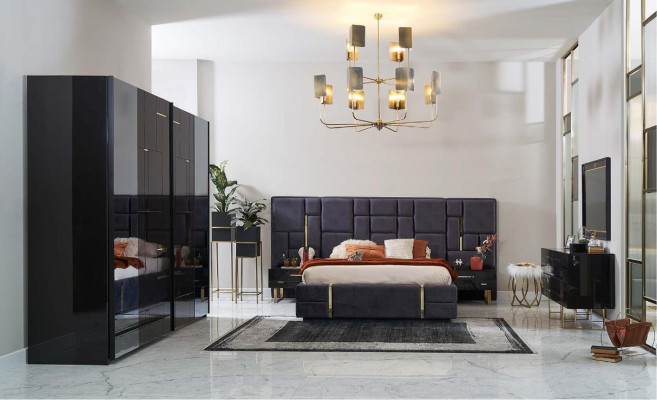 Luxury double bed frame bedroom wood set 6 pcs. Black design - Luksusa divguļama gultas rāmis guļamistaba koka komplekts 6 gab. Melnā dizains