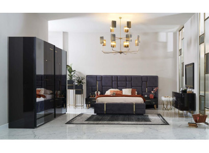 Luxury double bed frame bedroom wood set 6 pcs. Black design - Luksusa divguļama gultas rāmis guļamistaba koka komplekts 6 gab. Melnā dizains